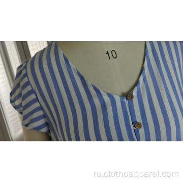 Синяя полоса V-рубашка с коротким рукавом на талии Тонкий женский летний топ